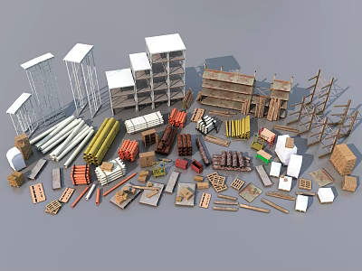 Industrial Equipment Components Including Metal Frames Storage Racks Pipes And Wooden Crates 3d model