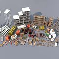 Industrial Equipment Components Including Metal Frames Storage Racks Pipes And Wooden Crates