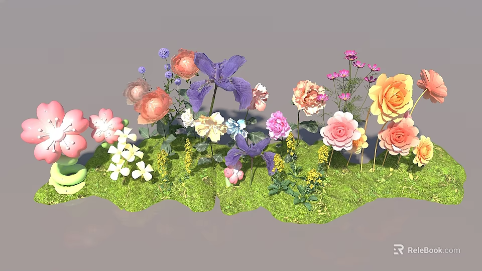 Vibrant Flower Cluster With Roses Irises And Colorful Blooms On Green Grass 3d model 