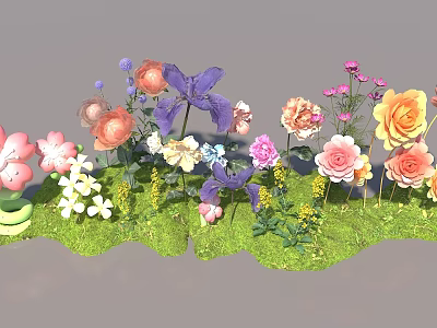 Vibrant Flower Cluster With Roses Irises And Colorful Blooms On Green Grass 3d model