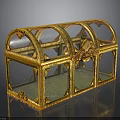 Ornate Golden Glass Chest With Decorative Frame And Intricate Carvings