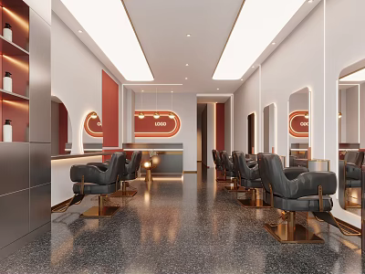 Modern Beauty Hair Salon Interior With Black Leather Chairs Mirrors And Bright Lighting 3d model