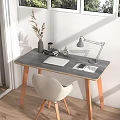 Modern Home Office Desk With Wooden Legs Gray Top Beige Chair Table Lamp And Notebook