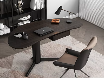 Modern Stylish Desk with Laptop Lamp Headphones Leather Wallet and Comfortable Chair on Patterned Rug 3d model