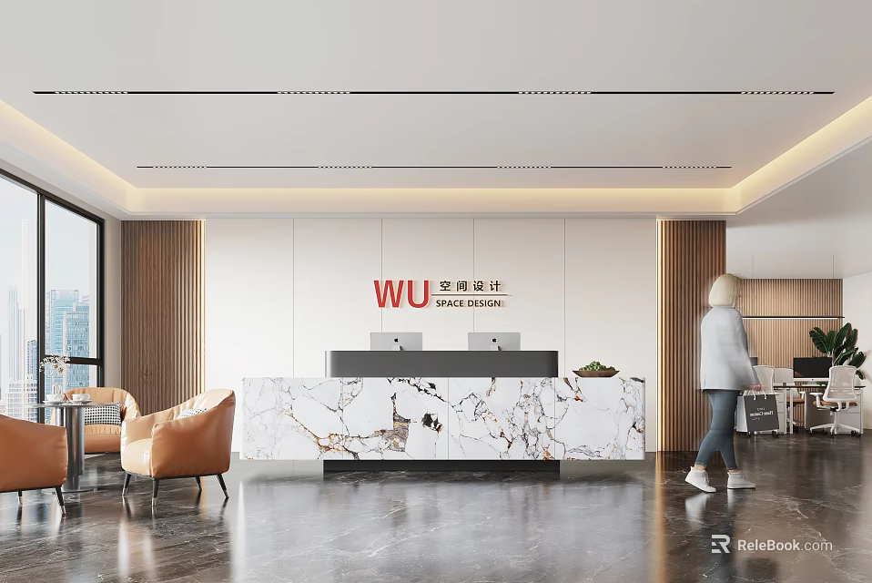 Modern Reception Desk With Marble Countertop WU Space Design Signage And Wooden Panel Decor 3d model 