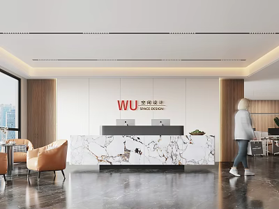 Modern Reception Desk With Marble Countertop WU Space Design Signage And Wooden Panel Decor 3d model