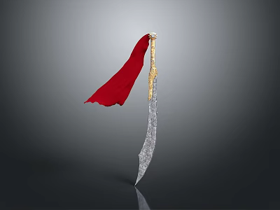 Sharp Ornamental Scimitar With Silver Blade Golden Hilt And Red Decorative Cloth 3d model