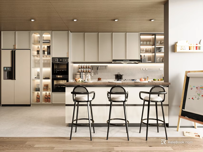 Modern Kitchen Interior Design With Island Counter Light Cabinets And Three Bar Stools 3d model 
