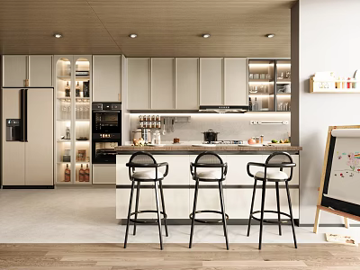 Modern Kitchen Interior Design With Island Counter Light Cabinets And Three Bar Stools 3d model