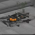 Modern Marble Coffee Table with Oranges Books Vase and Plants on Living Room Rug
