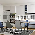 Modern Restaurant Dining Area With White Cabinets Blue Gray Chairs Green Plants And Wooden Floor