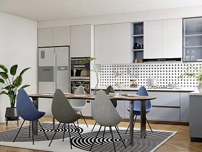 Modern Restaurant Dining Area With White Cabinets Blue Gray Chairs Green Plants And Wooden Floor 3d model