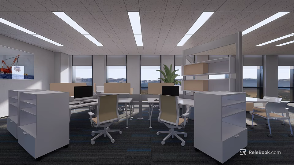 Bright Public Office Space With Open Cubicles Desks Computers And Ceiling Lights 3d model