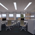 Bright Public Office Space With Open Cubicles Desks Computers And Ceiling Lights 3d model