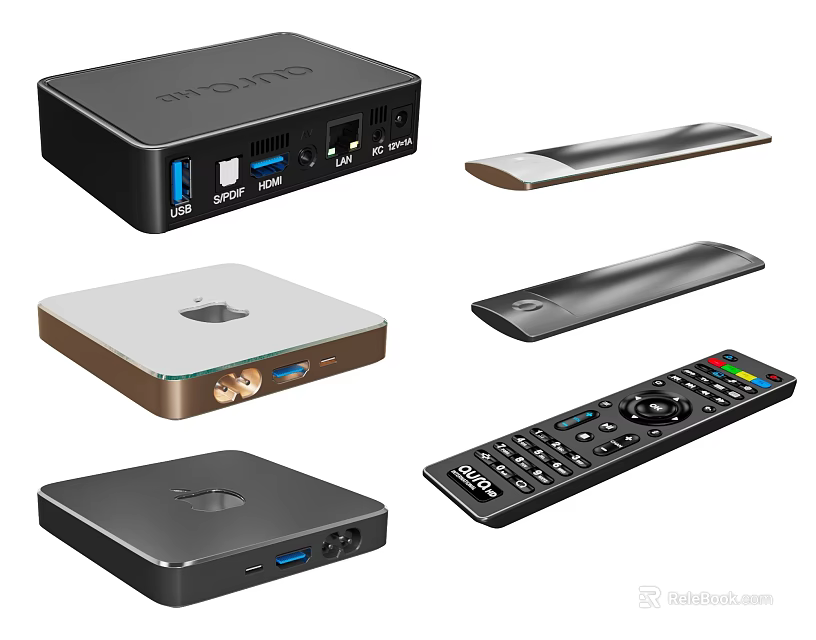 Modern TV Setup With Streaming Devices Including Media Players and Remote Controls 3d model 