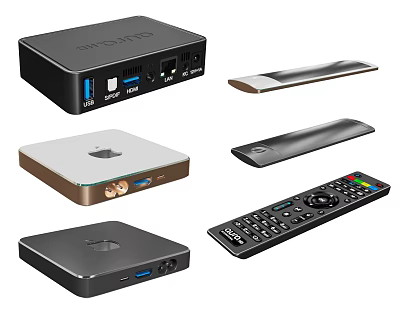 Modern TV Setup With Streaming Devices Including Media Players and Remote Controls 3d model