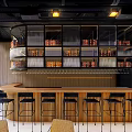 Stylish Urban Bar With Floor to Ceiling Bookshelves City Skyline And Modern Seating