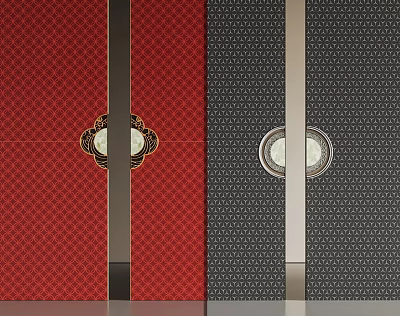 Elegant Red and Black Geometric Pattern Sliding Doors With Metal Strips and Circular Handles 3d model