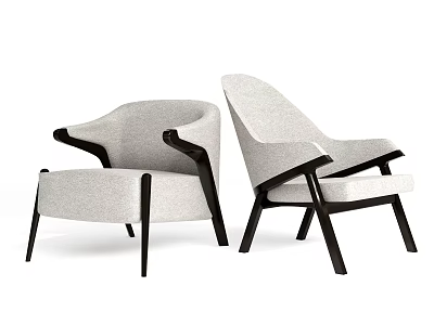 Two Modern Minimalist Lounge Chairs With Light Gray Fabric And Dark Wooden Curved Armrests 3d model