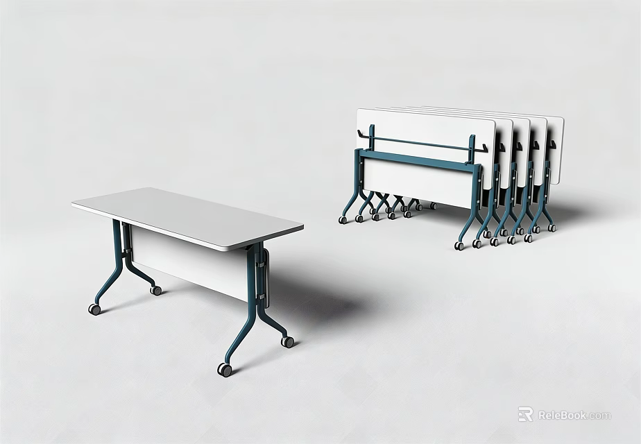 Foldable Mobile Conference Table With White Top And Blue Stackable Legs 3d model 