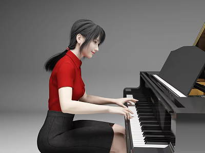 Woman In Red Top And Black Skirt Playing On Black Piano 3d model