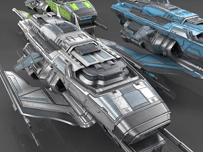 Sci Fi Metallic Spaceships With Mechanical Structures And Engines In Silver Blue Green 3d model