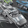Sci Fi Metallic Spaceships With Mechanical Structures And Engines In Silver Blue Green 3d model