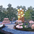 Scenic Park Landscape With Lush Peach Orchard Baskets And Harvest Decorations