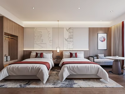 Elegant Hotel Room Interior With Twin Beds Wooden Decor Wall Artwork And Cozy Carpet 3d model