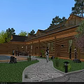 Scenic Wooden House Exterior With Swimming Pool Stone Pathway And Green Trees