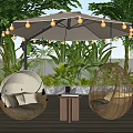 Rattan Swing Chairs For Outdoor Patio With Hanging Umbrella String Lights Small Table And Plants