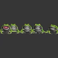Five Green Spotted Frogs in Various Poses on Black Background with Reflections 3d model