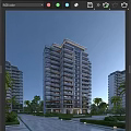 Modern High-rise Residential Building with Balconies and Glass Curtain Walls Surrounded by Palm Trees