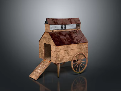 Wooden Roofed Cart With Wheels And Ramp For Small Shelter Structure 3d model