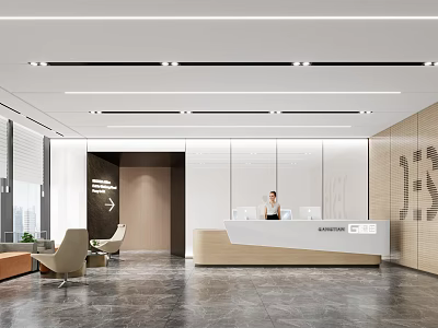 Elegant Modern Minimalist Reception Background Wall with White Wooden Desk and Marble Floor in Office 3d model