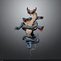 Horned Multi Headed Serpent Character with Blue Orange Scales Coiled Body and Red Eyes