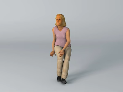 Woman with blonde hair wearing pink sleeveless top and beige pants sitting against gray background 3d model
