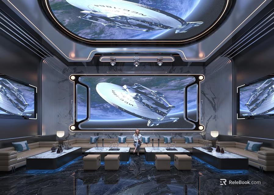 Stylish KTV Room Interior With Plush Sofa Large Projection Screen And Ambient Lighting 3d model 
