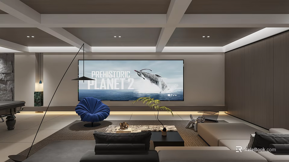 Modern Style Basement Living Room With Large Screen And Comfortable Seating 3d model