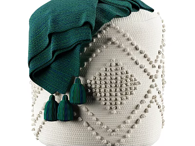White Woven Ottoman With Green Tasseled Blanket And Raised Geometric Design 3d model