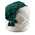 White Woven Ottoman With Green Tasseled Blanket And Raised Geometric Design