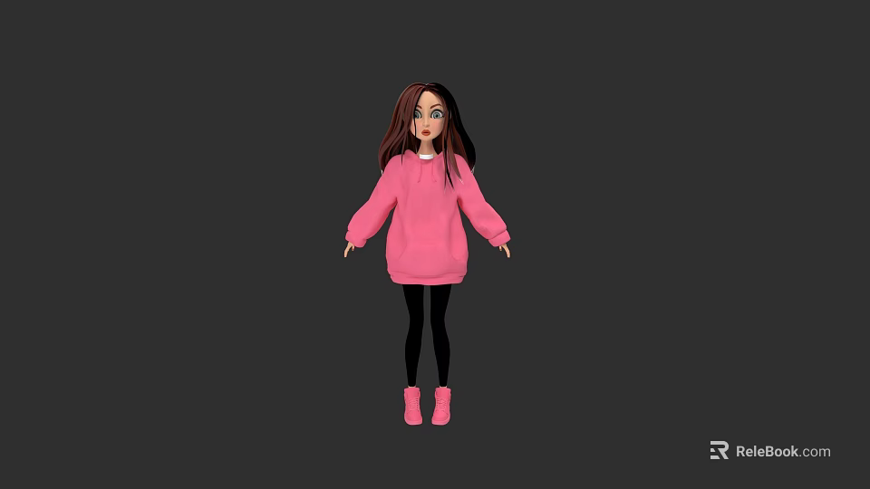 3D Model Wearing Pink Hoodie Black Leggings And Pink Shoes On Dark Background 3d model 