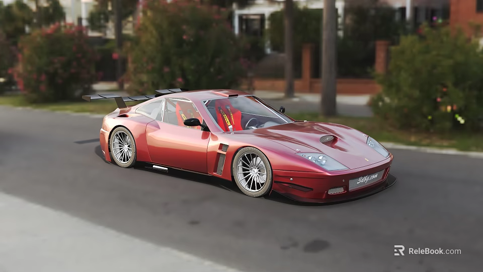 Red Sports Car With Sleek Exterior Design Rear Spoiler And Alloy Wheels On Urban Road 3d model 