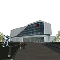 Modern Office Building Featuring Glass Facade Unique Architectural Style And Entrance With People Walking