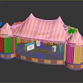 Colorful Striped Tent Shaped Kids Furniture With Red Yellow Canopy And Blue Storage Boxes