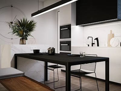 Modern Restaurant Interior With Black Dining Table And Hanging Lights 3d model
