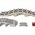 Traditional Arch Landscape Bridge With Stone Structure And Red Railing Design 3d model