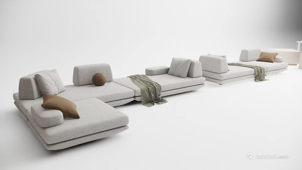 Light Gray Modular Casual Sofa Set With Soft Pillows And Throw Blanket 3d model