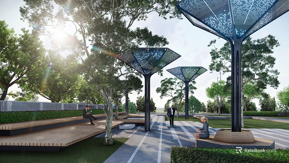 Modern Artistic Landscape Sculpture With Lattice Metal Design In Outdoor Park With Trees And Seating 3d model 