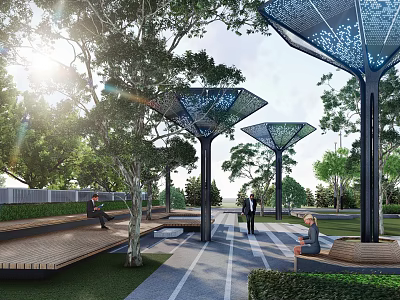 Modern Artistic Landscape Sculpture With Lattice Metal Design In Outdoor Park With Trees And Seating 3d model